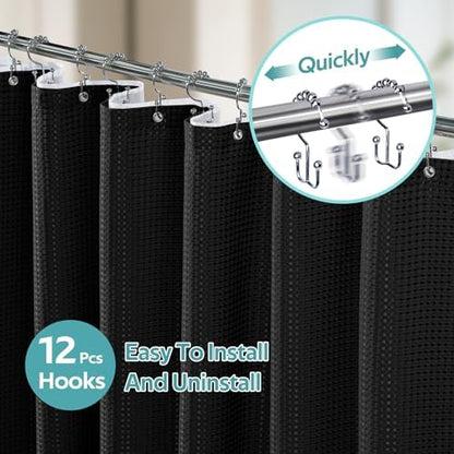 Vipfree 3 in 1 Shower Curtain Set, Waffle Shower Curtain and Liner Set with 12 Double Sided Shower Curtain Hooks, 258GSM Luxury Weighted Cloth Shower Curtains for Bathroom, 72 W x 72 H, Black
