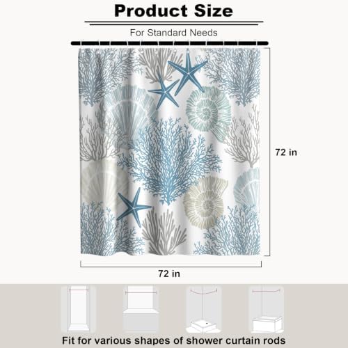 Modern Ocean Rustic Shower Curtain, Coastal Summer Aesthetic Unique Seashell Shower Curtains for Bathroom, Waterproof Bath Curtain with Hooks Machine Washable Bathtub Curtains 72x72 Inch Blue