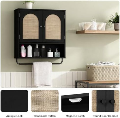RUSTOWN Rattan Bathroom Wall Cabinet, Boho Medicine Cabinet with 2 Doors