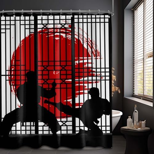 Japanese Shower Curtain Japan Anime Asian Black and Red Shower Curtains for Mens Bathroom Decor Sets, Waterproof Cloth Fabric with Hooks, 72x84 Inch