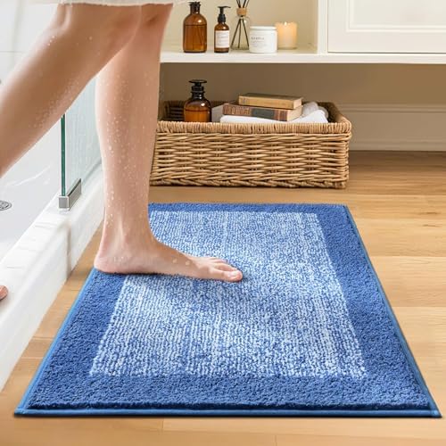 Bathroom Rugs 24x17 Non Slip Washable, Soft Absorbent Bath Mat Blue