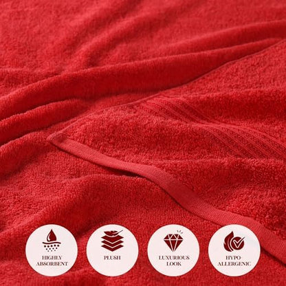 SUPERIOR Egyptian Cotton Bath Towel Set, Towels for Home Bathroom, Master, Guest Bath, Decor Essentials, Quick Dry, Absorbent, Large Body Towels, Spa, Hotel, Resort, Adult, Kids, Set of 4, Red