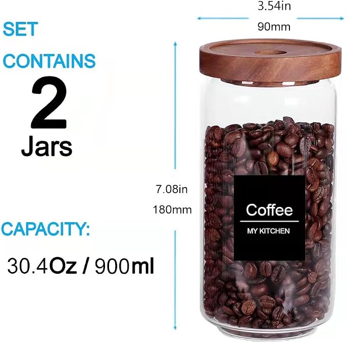 SAIOOL Home Borosilicate Glass Kitchen jars/Canisters with Acacia Wood Airtight Lid Set-2 Pack 30Oz/900ml,Minimalist Preprinted Farmhouse Style. White Matte Sticker Black Text.