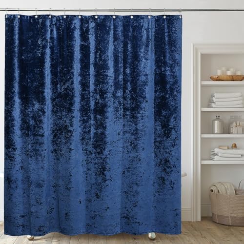 TAMGHO Crushed Velvet Shower Curtain, Navy Blue Shower Curtain Set with 12pc Polished Nickel Hooks, Machine Washable, Waterproof Lined Bathroom Curtain 72x72