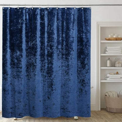 TAMGHO Crushed Velvet Shower Curtain, Navy Blue Shower Curtain Set with 12pc Polished Nickel Hooks, Machine Washable, Waterproof Lined Bathroom Curtain 72x72