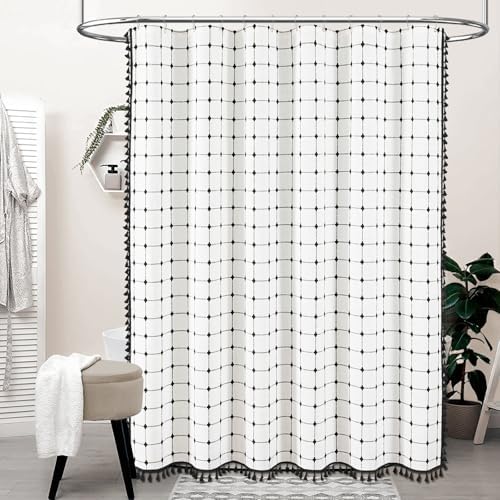 BTTN 60x72 Boho Farmhouse Linen Heavy Duty Shower Curtain, White and Black