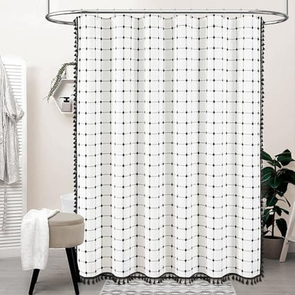 BTTN 60x72 Boho Farmhouse Linen Heavy Duty Shower Curtain, White and Black