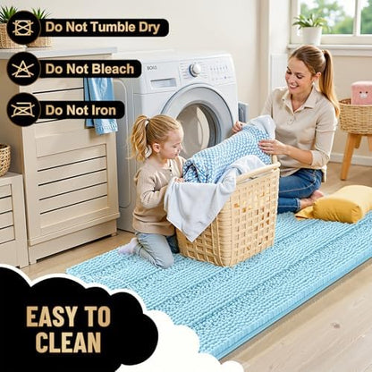 OLANLY Thick Bathroom Rugs 36x24, Soft Chenille Striped Bath Rugs, Sky Blue