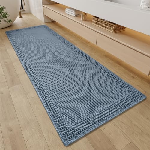 RESARE Waffle Bathroom Runner Rugs, Non Slip Boho Bath Mat 24"x60" Blue