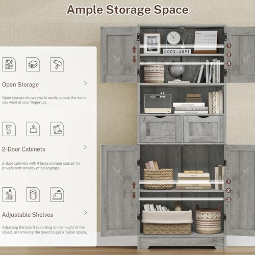 Iwell Tall Storage Cabinet with Adjustable Shelf, Bathroom Cabinet with 2 Drawers, Linen Cabinet for Living Room, Grey