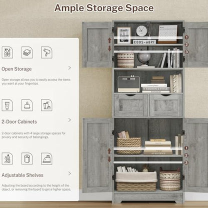 Iwell Tall Storage Cabinet with Adjustable Shelf, Bathroom Cabinet with 2 Drawers, Linen Cabinet for Living Room, Grey