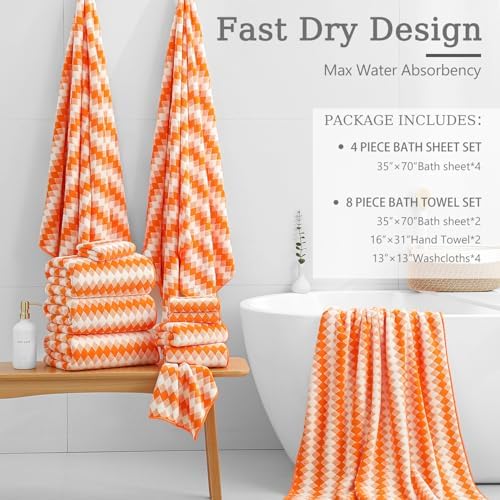 8 Piece Bathroom Towel Set |2 Oversized Bath Towels,2 Hand Towels,4 Washcloths| 600GSM Soft Hotel Towel Set Extra Large Bath Sheet for Bathroom,Highly Absorbent Quick Dry Bath Towel Collections,Orange