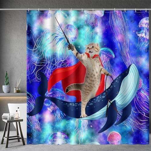 Aimego Funny Cat Shower Curtains - Cute Cat Riding Whale Shark on Space Galaxy Fantasy Jellyfish Fun Shower Curtain Set with 12 Hooks for Adults Kids Bathroom Decor Accessories, 72"x72"