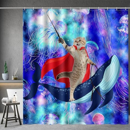 Aimego Funny Cat Shower Curtains - Cute Cat Riding Whale Shark on Space Galaxy Fantasy Jellyfish Fun Shower Curtain Set with 12 Hooks for Adults Kids Bathroom Decor Accessories, 72"x72"