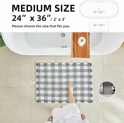 TYUU Waffle Bath Mat, Checkered Bathroom Rugs Non Slip, 36x24 Black & White
