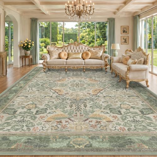 Botanical Sage Rug for Living Room - Washable 10x12 Area Rug for Dining Room Under Table, Extra Large Bedroom - Boho Bird Farmhouse Light Green Decor, Soft Low PileNon-Slip & Stain Resistance