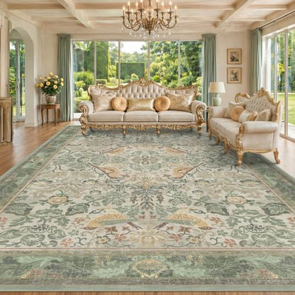Botanical Sage Rug for Living Room - Washable 10x12 Area Rug for Dining Room Under Table, Extra Large Bedroom - Boho Bird Farmhouse Light Green Decor, Soft Low PileNon-Slip & Stain Resistance