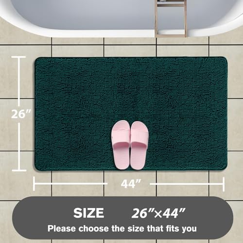 Dark Teal Bathroom Rugs – Absorbent and Washable Bath Mat, Non-Slip, Thick Soft Chenille Bath Rugs for Bathroom Floor, Shower, Sink - 26" x 44"