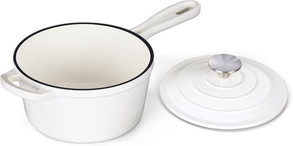 Onader 1QT Sauce Pan, Enameled Cast Iron Saucepan Dutch Oven Pot with Lid, Small Cooking Sauce Pot, Nonstick & Oven Safe – White