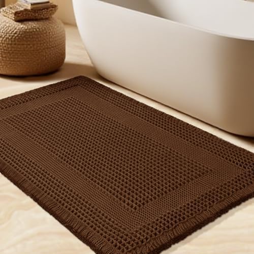 Waffle Bath Mat, Boho Woven Modern Bath Rug Absorbent Non Slip, Ultra Soft Bathroom Mats, Machine Washable Knit Bath Rugs with Tassels for Bathroom, Bedroom, Kitchen, Shower, Tub, 36"x24", Brown