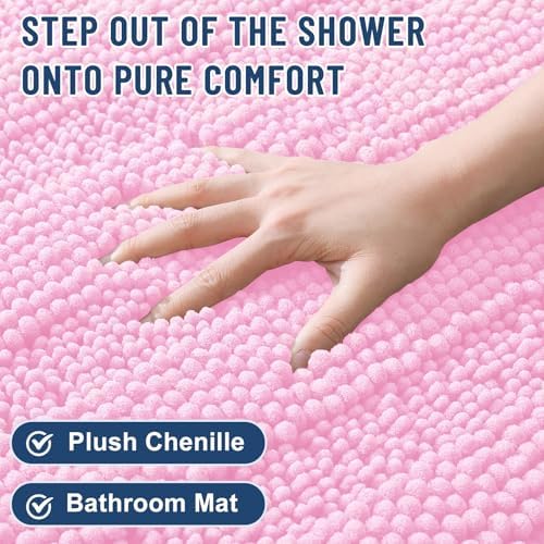 Grandaily Chenille Striped Bathroom Rugs 36x24, Extra Thick and Soft Absorbent Bath Mats, Rubber Backing, Plush Shaggy Shower Carpet, Machine Wash Dry, Bath Rug for Bathroom, Light Pink