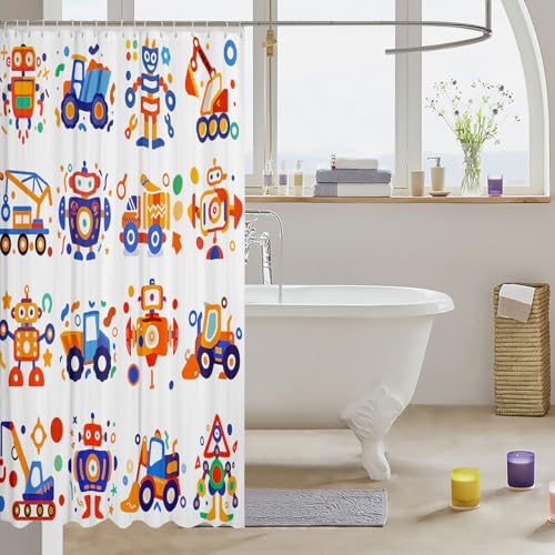 Feelyou Cute Robots Shower Curtain Kids Boys Truck Tractor Excavator Bathroom Waterproof Accessories with 12 Hooks 72x84 Inches Watercolor Machine Equipment Colorful Kawaii Room Decor,Blue Yellow
