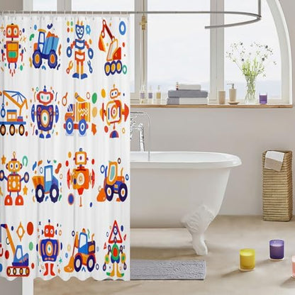 Feelyou Cute Robots Shower Curtain Kids Boys Truck Tractor Excavator Bathroom Waterproof Accessories with 12 Hooks 72x84 Inches Watercolor Machine Equipment Colorful Kawaii Room Decor,Blue Yellow