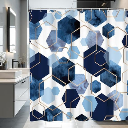 deFouliao Blue Shower Curtain Geometric Grid Ink Blue Modern Abstract Bathroom Shower Curtain Sets Waterproof Fabric for Home Hotel Bathtub Art Decor, with Hooks, 72x78 Inch