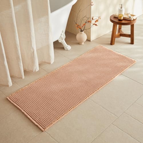 TYUU Waffle Runner Rug Bathroom, Long Boho Bath Mat, 60x24 Light Peach