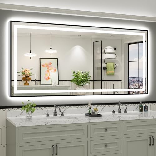 84x40 Inch LED Bathroom Mirror with Black Frame, Backlit & Front Lit