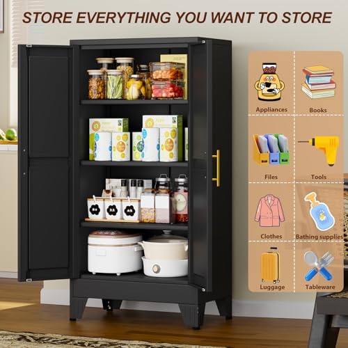 47" Black Metal Storage Cabinet with 2 Doors and 3 Adjustable Shelves,Steel Garage Tool Cabinet, File Cabinet,Kitchen Pantry Cabinet for Home,Office,Garage,School,Warehouse