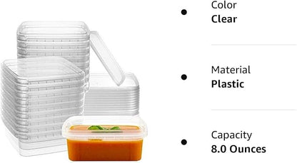 NYHI 8 oz 20 Pack Square Clear Deli Containers with Lids Disposable BPA Free Square Plastic Food Storage Containers with Lids Airtight for Meal Prep Take Out Kitchen