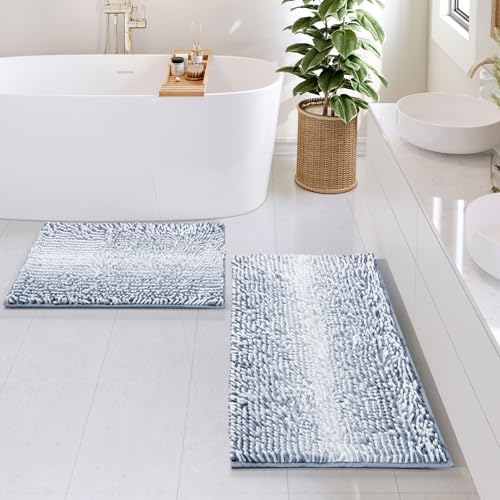 Hearth & Harbor Bathroom Rugs, Chenille Bath Mat - Machine Washable Bath Mats for Bathroom Non-Slip Backing Rubber, Quick Dry Bathroom Mat, 17 x 24 + 20 x 32 - Ombre Blue
