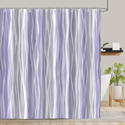 Moonslim Purple Lavender Grey Ombre Shower Curtain, Modern Wavy Abstract Striped Line Bathroom Curtain, Waterproof Fabric Bath Decor, 72 x 72 Inch