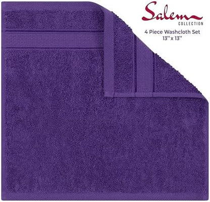 American Soft Linen Salem Washcloth Sets, 4 Piece Luxury 600 GSM 100% Cotton Washcloths for Bathroom, 13x13 inches Washrags Premium Quality Hand Face Towels, Purple