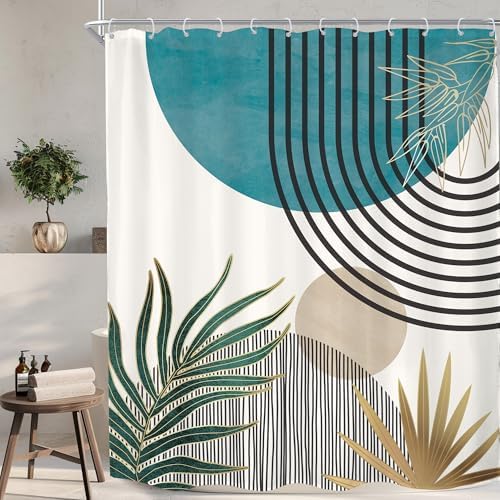 Mid Century Boho Abstract Blue Modern Gray Bathroom Shower Curtain Set