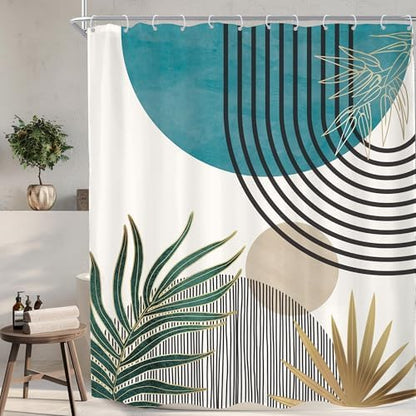 Mid Century Boho Abstract Blue Modern Gray Bathroom Shower Curtain Set