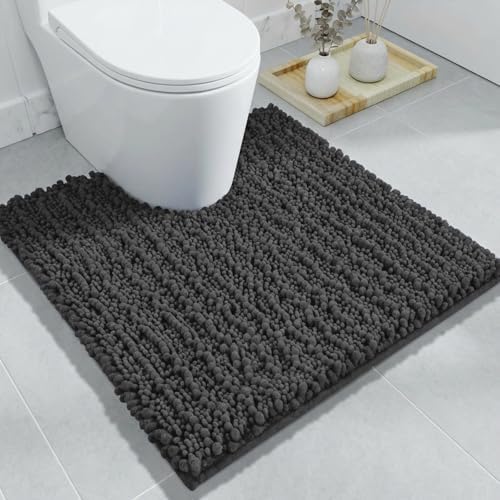 Disolla Toilet Rug 24x24 Inch - Dark Grey U-Shaped Bathroom Floor Mat, Soft Shaggy Plush Absorbent Chenille Contour Rug, Non-Slip Washable Pedestal Base Rug