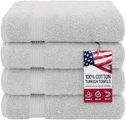 American Veteran Towel, 100% Cotton Turkish Bath Towels for Bathroom 4 Pack, 27x54 Extra Large Premium Soft Drying Bathroom Towels, Silver Grey
