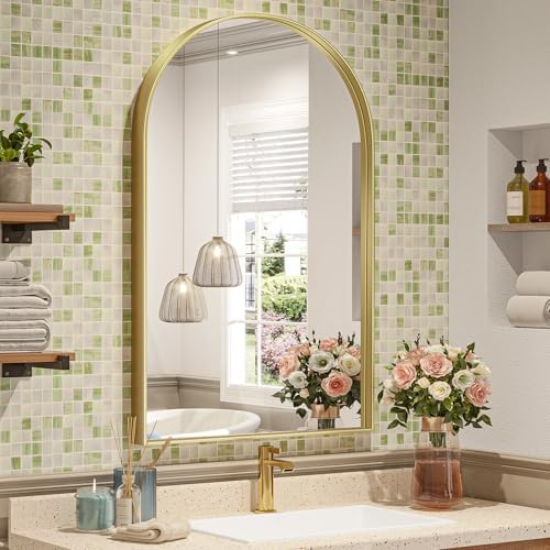 Brightify Arched Mirror, Arched Wall Mirror, 24 x 40 Inch Gold Arch Mirror, Metal Frame Gold Bathroom Mirror, Arched Top Bathroom Vanity Mirror for Living Room Bedroom Mantel Entryway Hallways