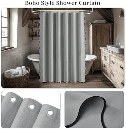 BTTN Grey Boho Scalloped Linen Textured Cloth Shower Curtain, 72x72, Gray