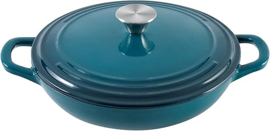 Flavehc Braiser Enameled Cast Iron Braiser 3 QT, Cast Iron Braiser Pan with Lid for Bread Baking, Soup & One Pot Meals, Small Shallow Dutch Oven Casserole for Oven & Induction, DarkCyan