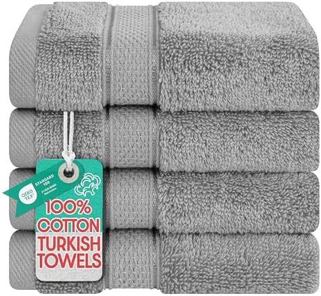 American Soft Linen Salem Washcloth Sets, 4 Piece Luxury 600 GSM 100% Cotton Washcloths for Bathroom, 13x13 inches Washrags Premium Quality Hand Face Towels, Light Grey