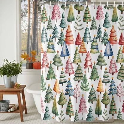 Christmas Tree Shower Curtain Bathroom Set Star Xmas Pine Trees Waterproof Shower Curtains with Grommets Hooks Colorful Cartoon Style Privacy Bath Curtain for Bathtub Decor 72x72in