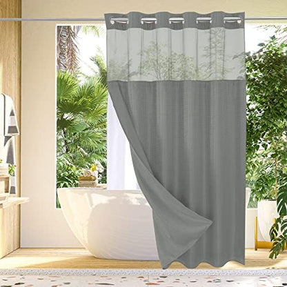 Gibelle No Hook Waffle Weave Shower Curtain with Snap-in Fabric Liner Set for Bathroom, Hotel Style with Mesh Top Window, Waterproof & Washable, Grey, 72x74