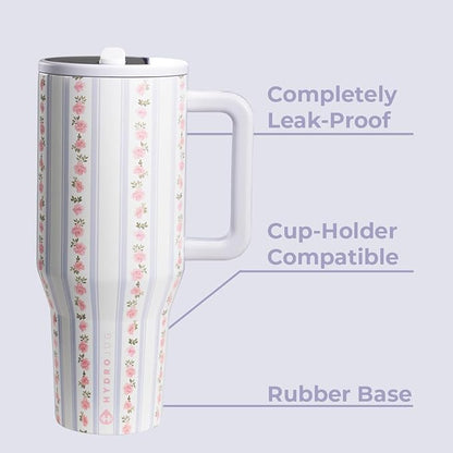 HydroJug Traveler - 40 oz Water Bottle with Handle & Flip Straw - Fits in Cup Holder, Leak Resistant Tumbler-Reusable Insulated Stainless Steel & Rubber Base - Gifts for Women & Men, Primrose