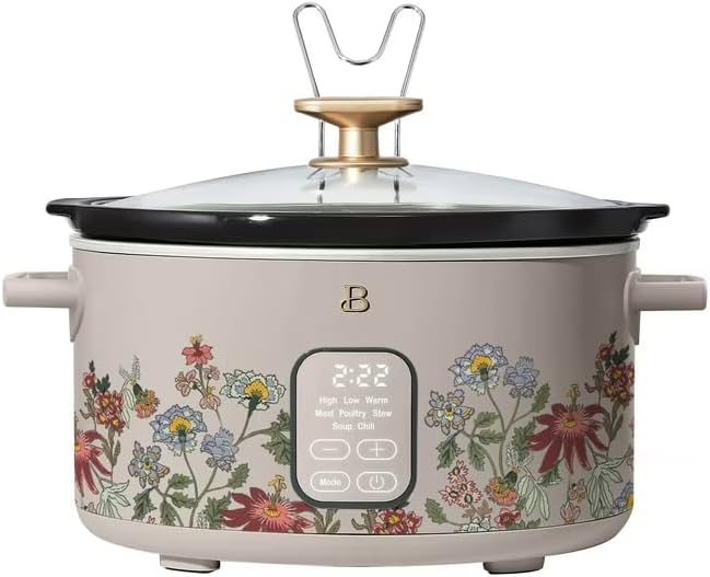 B 6 Qt Programmable Slow Cooker with Digital Timer, 5 Cooking Functions, Removable Ceramic Pot, Tempered Glass Lid, Dishwasher Safe (Wildflower Porcini Taupe)