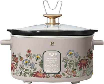 B 6 Qt Programmable Slow Cooker with Digital Timer, 5 Cooking Functions, Removable Ceramic Pot, Tempered Glass Lid, Dishwasher Safe (Wildflower Porcini Taupe)