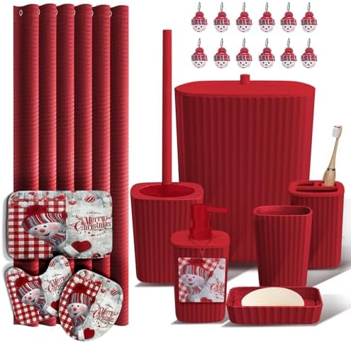 Clara Clark Christmas Bathroom Accessory Set - 22PC, Complete Set + Bath Rugs, Modern, Red & White, Polyester
