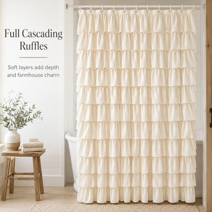 Beige Ruffle Shower Curtain for Bathroom, 72x84 inch, Elegant Ruffled Panel